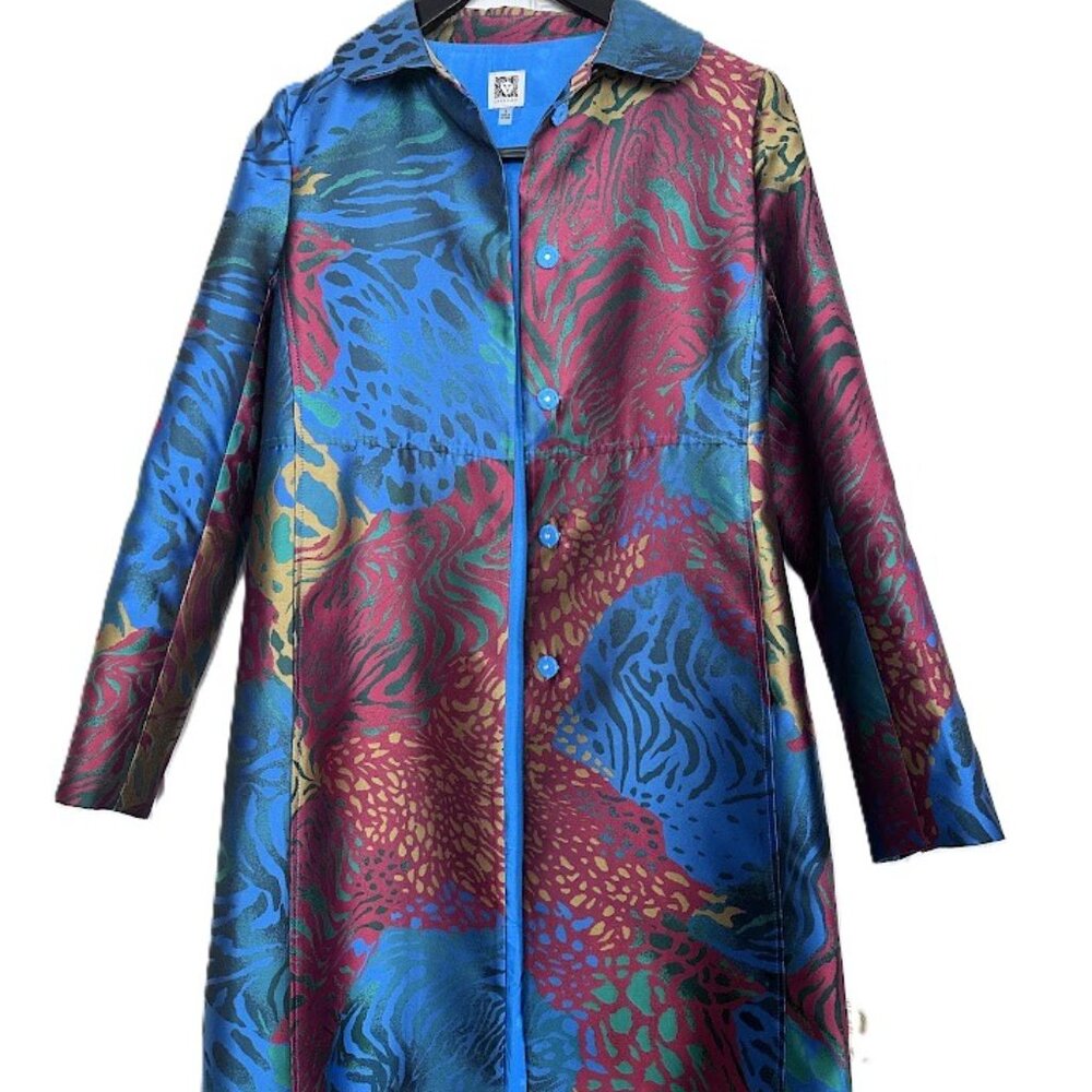 🏷️ Anne Klein Abstract Mixed Media Swing Jacket Coat Blue Magenta Gold - Size 6